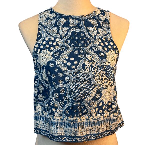 Free People Bare It All Blue All Over Print Linen Blend Tank Tie Back Boho XS - Picture 1 of 9
